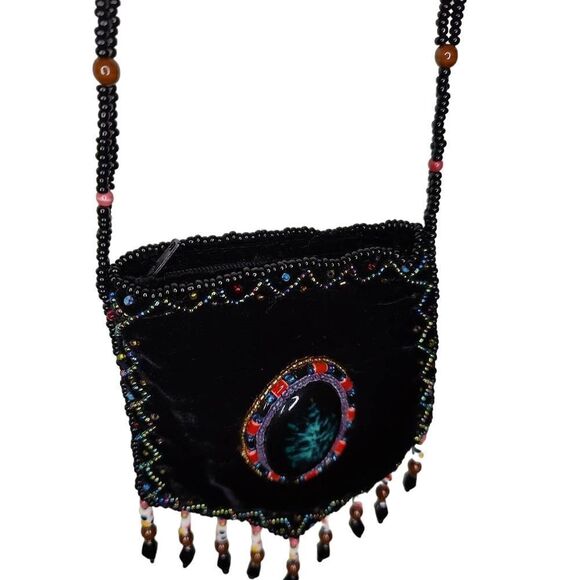 Vintage Velvet Amulet Front Beaded Boho Cross Body Medicine Coin Bag - Picture 5 of 9